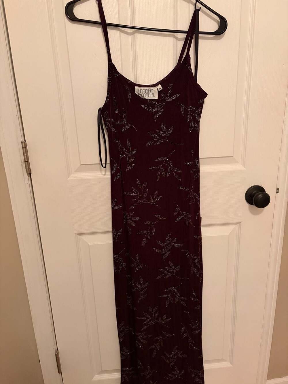 Marian & Maral Vintage Burgundy Leaf Pattern Maxi Dress with Spaghetti Straps